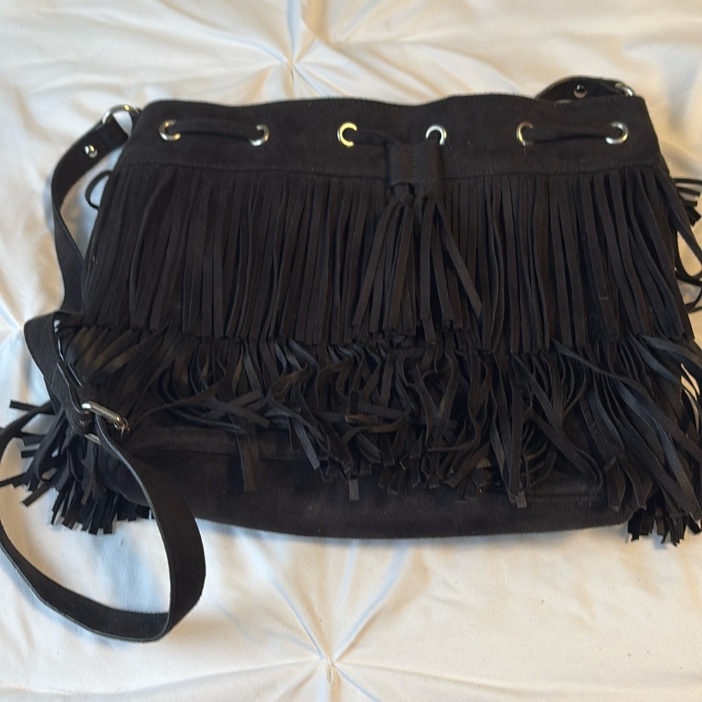 Express black fringe bag. Pre-owned.